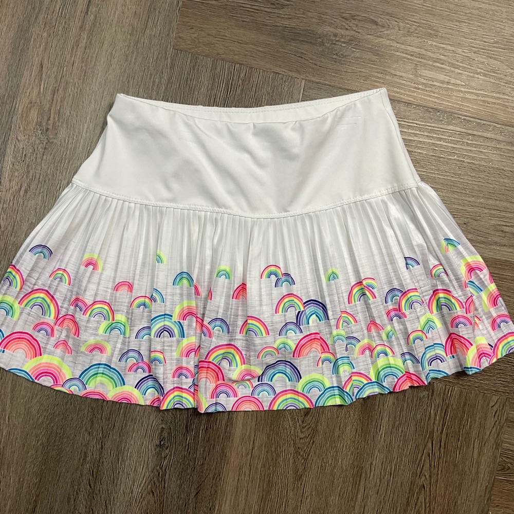 Lucky in Love Over the Rainbow Pleated Tennis Golf Skort Girls 14 White Pink Fun